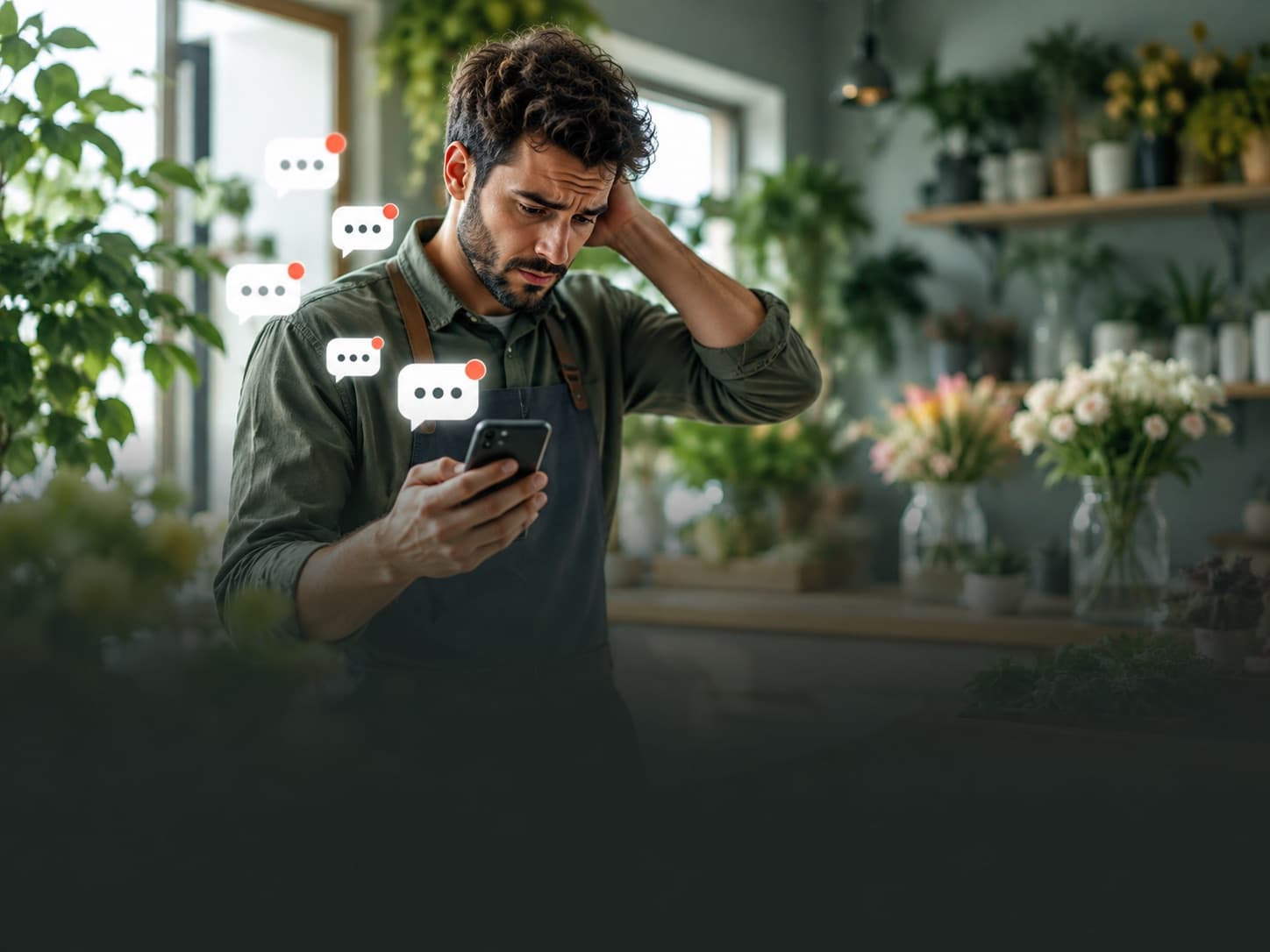 Dueño de una florería revisando en su celular los mensajes que se le acumularon sin contestar